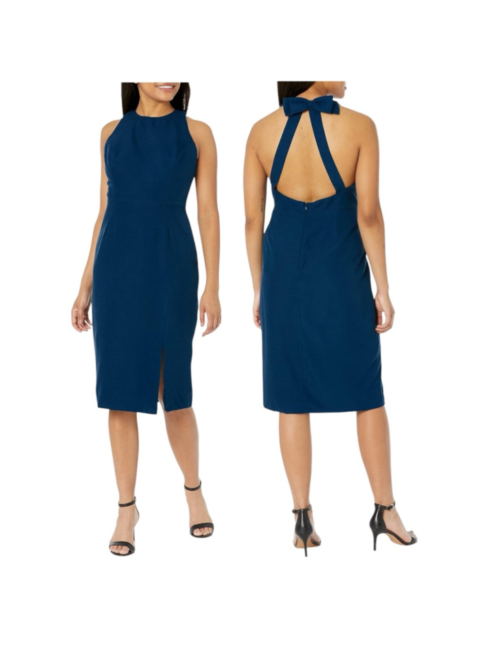 DRESS THE POPULATION Emme High Neck Bow Sheath Midi Dress Peacock Blue Small